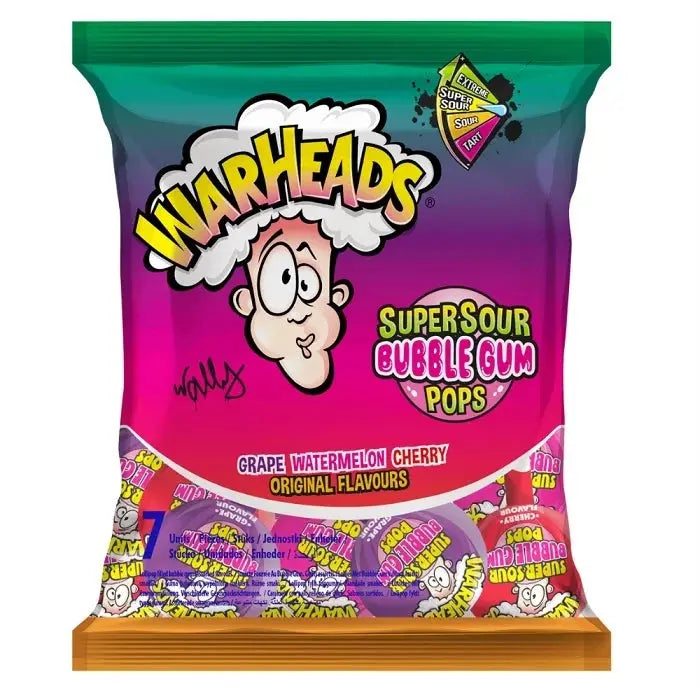 Warheads Super Sour Bubble Gum Pops Sabores Variados 105g OhMyCandyBox